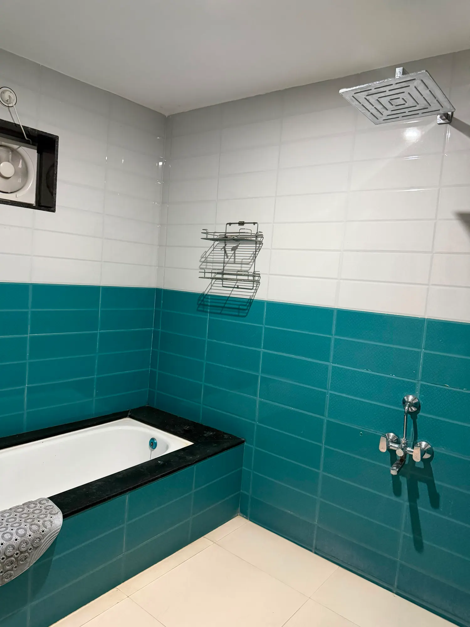 The farmhouse bath — tub and rain shower